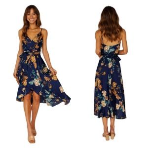 Hello Molly Womens Dress Falling in Style Midi Blue Floral Satin V Neck Size 8 M